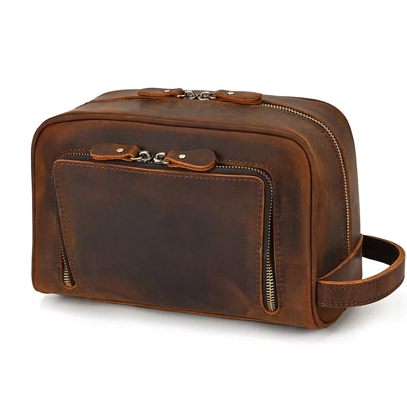petit sac de voyage de bonne qualité, portefeuille de voyage en cuir crazy horse, sac de rangement, sac de maquillage de lavage pour trousse de toilette de voyage