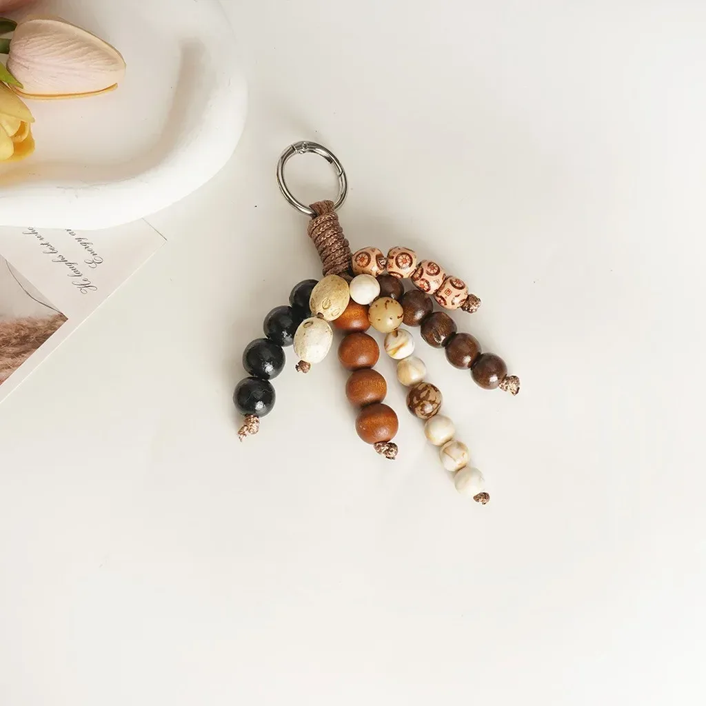 porte-clés vintage exquis en perles de bois naturel, pendentif de sac, breloque ethnique tissée à la main pour clés de maison, sac à dos, cadeau