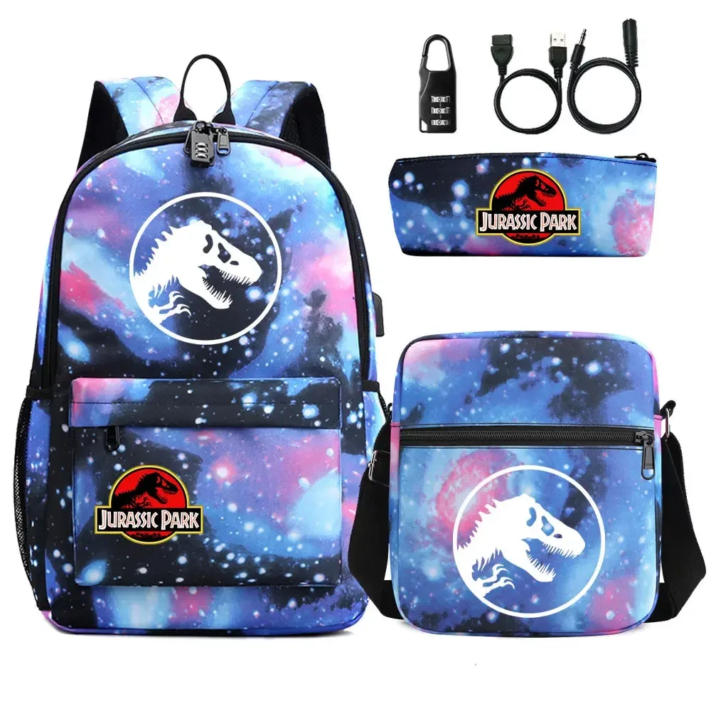 dinosaure jurassic park world 3 pièces usb antivol serrure garçon fille enfants école livre sacs voyage sac à dos sac à bandoulière stylo sac