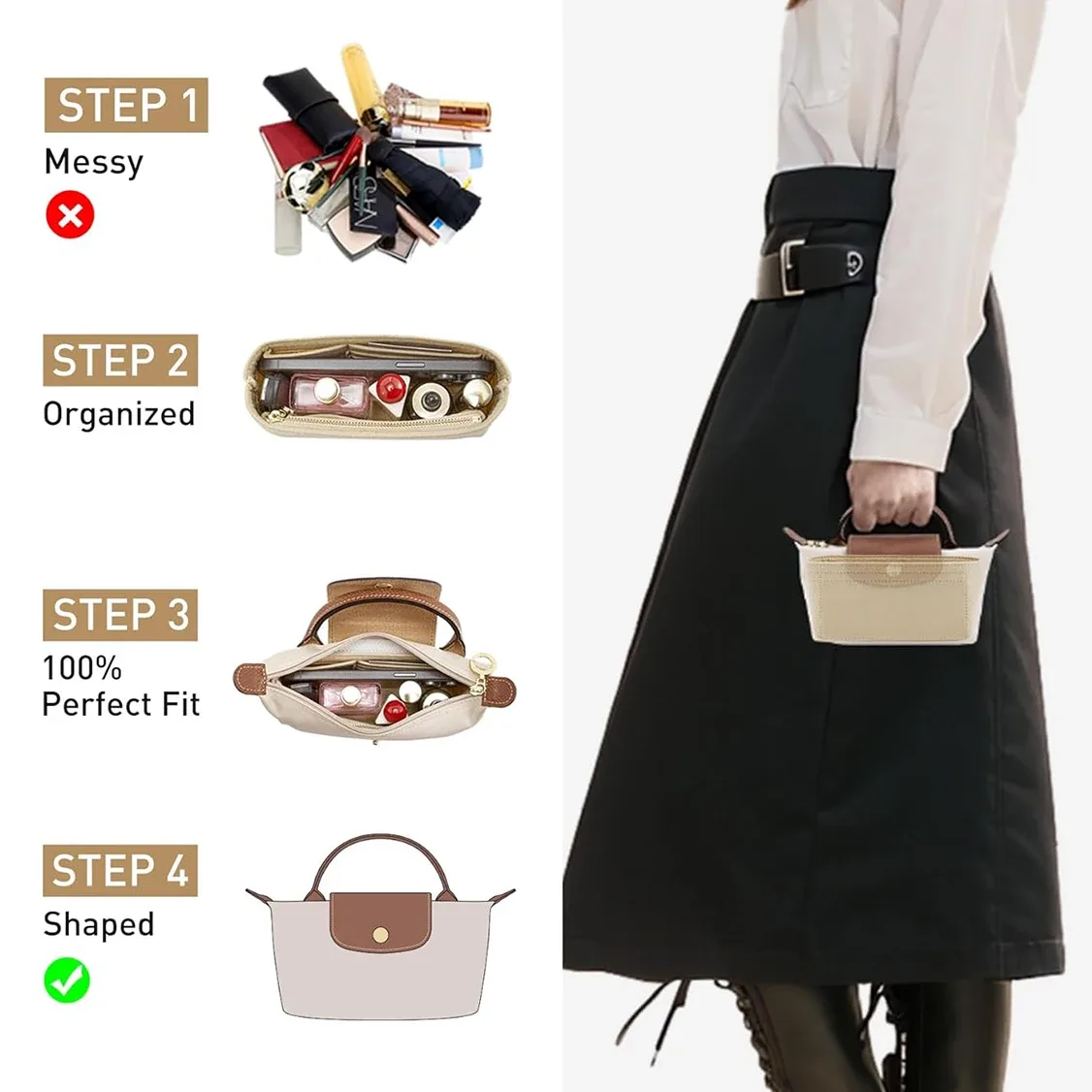 organisateur de sac pour longchamp small tote bag timid, sac de rangement et de finition, doublure intérieure pour sacs à main, insert organisateur adapté aux sacs de taille mini