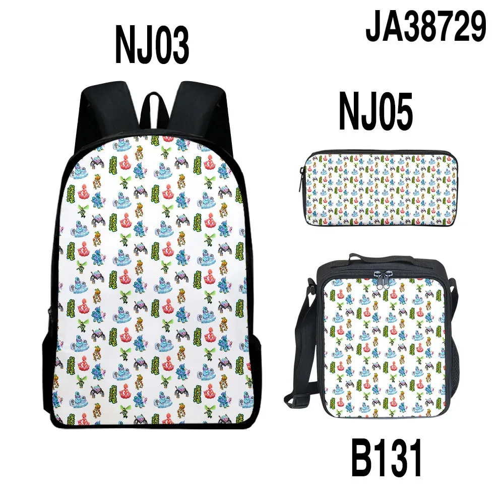 sacs à dos pour enfants, ensemble de sacs à dos, sac à déjeuner pour enfants, sac à crayons, ensemble de 3 pièces, nouveau sac de concert 3d my singing monsters