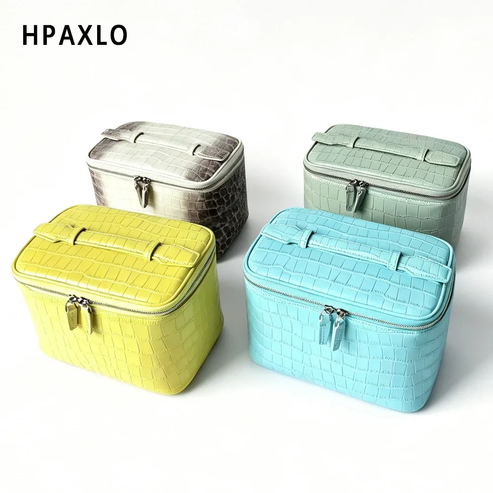 pochette de maquillage en cuir véritable texture crocodile, trousse de toilette de voyage, organiseur de rangement de grande capacité de qualité supérieure pour femmes