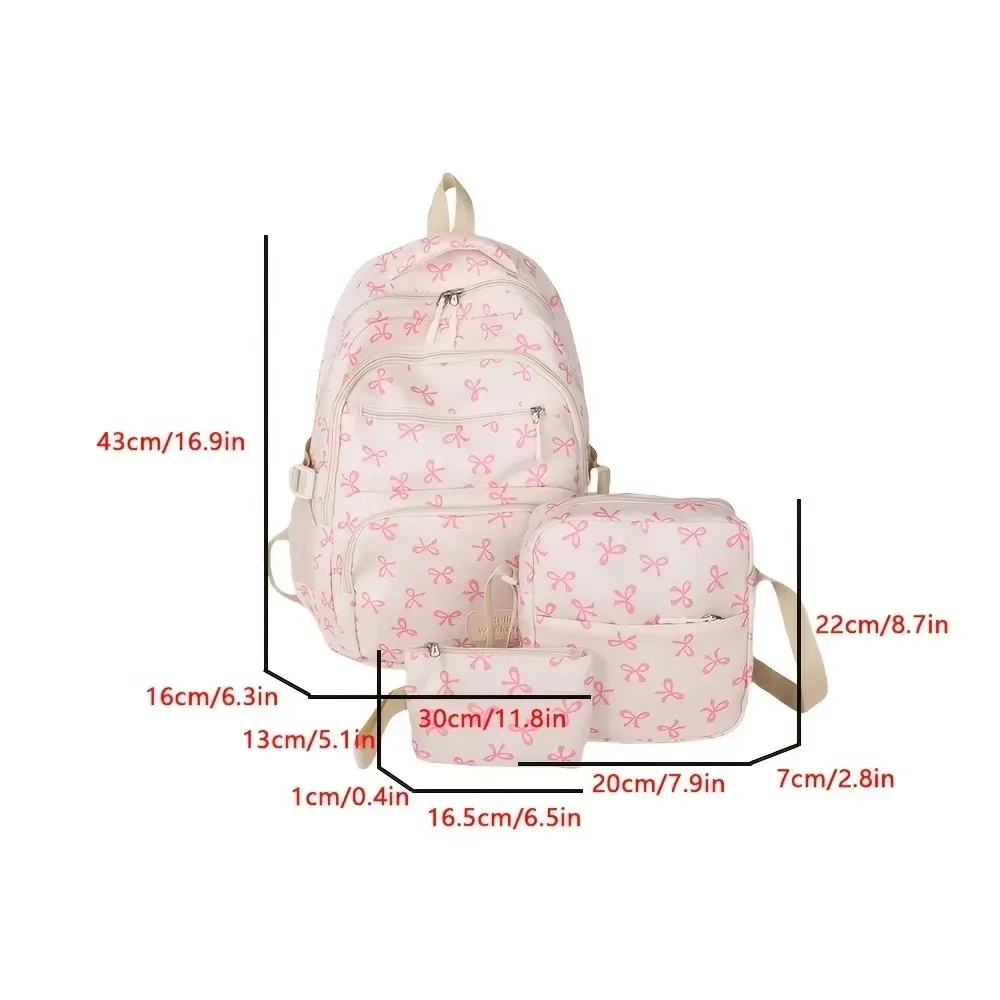 lot de 3 sacs à dos mignons grande capacité avec nœud, imprimé nœud, bretelles réglables, sac à dos d'étudiant en nylon, sac à dos de voyage