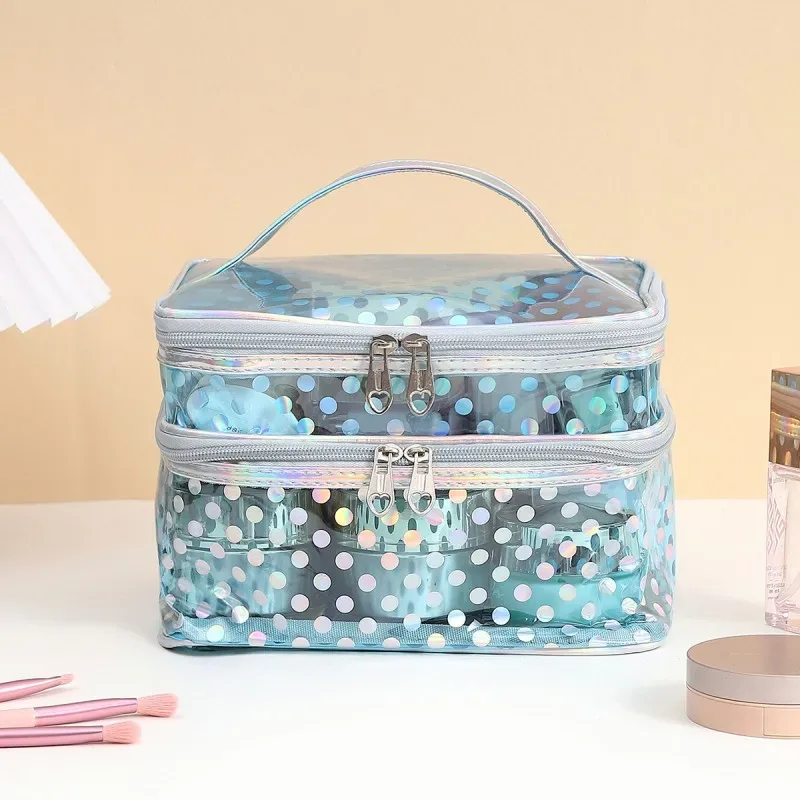 trousse de maquillage double couche en pvc transparent à pois, trousse de maquillage multifonctionnelle portable et étanche, grande capacité, rangement de voyage
