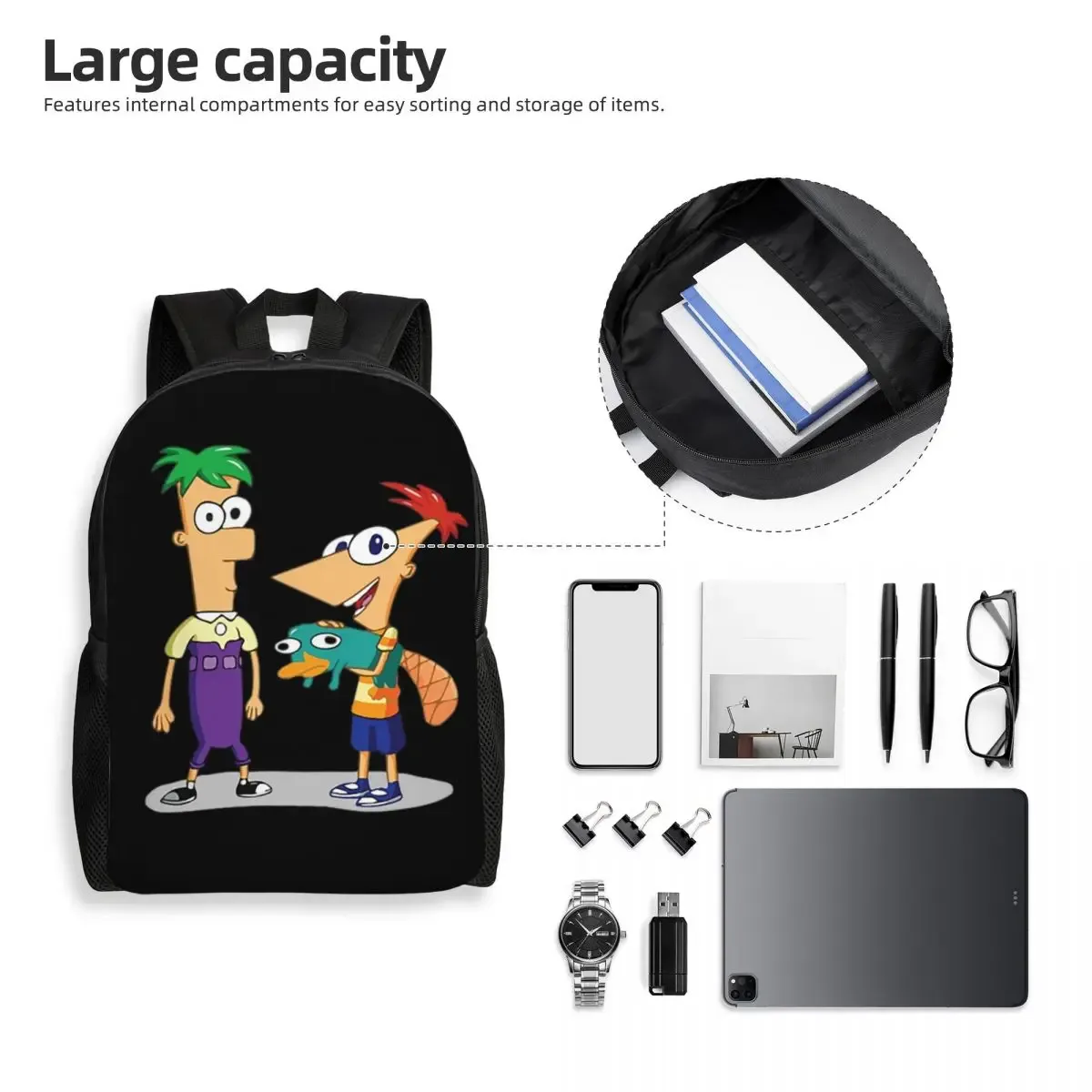 sac à dos phineas et ferb pour étudiants, garçons et filles, sac d'école, sac à bandoulière pour ordinateur portable