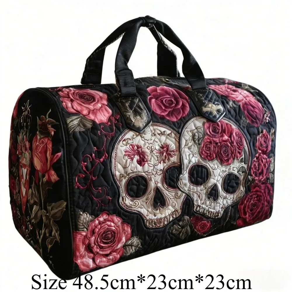 sac de voyage matelassé 3d vintage gothique imprimé crâne et rose, sac de week-end, bagage cabine, sac à main y2k style motard chic, sacs de vacances uniques