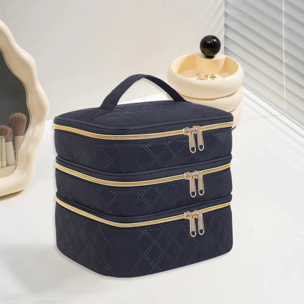 trousse de maquillage matelassurera à 3 couches, grande capacité, adaptée aux voyages et à la maison