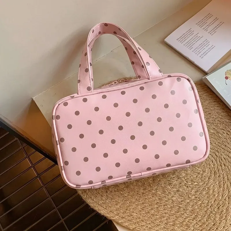 nouvelle trousse de maquillage portable pour femmes, à pois, grande capacité, 3 compartiments, organisateur de voyage pour produits de soin de la peau et cosmétiques.