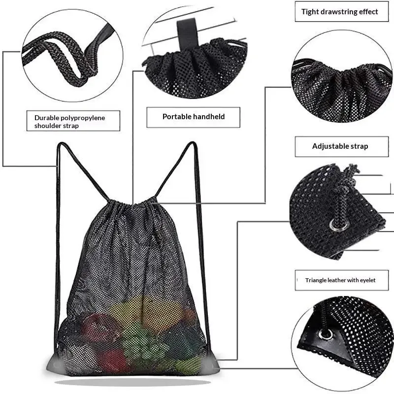 sac à dos en maille avec cordon de serrage, sacs en maille noirs, sac en filet robuste pour ballon de football, sac pour équipement de sport, plage et natation.
