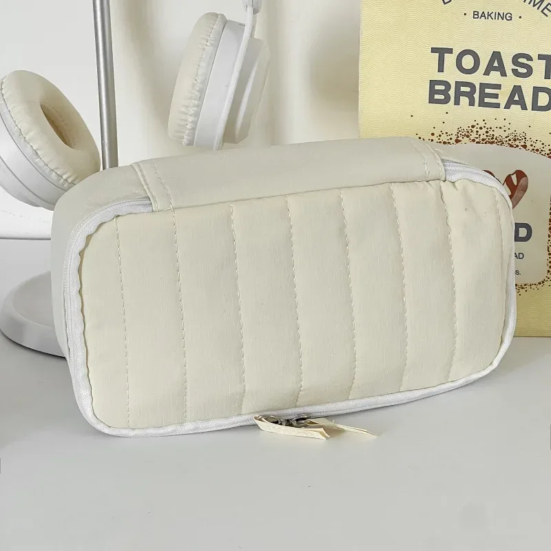 trousse à crayons en tissu doux matelassé, couleur unie, avec fermeture éclair, sac de rangement portable multi-usages pour étudiants et maquillage