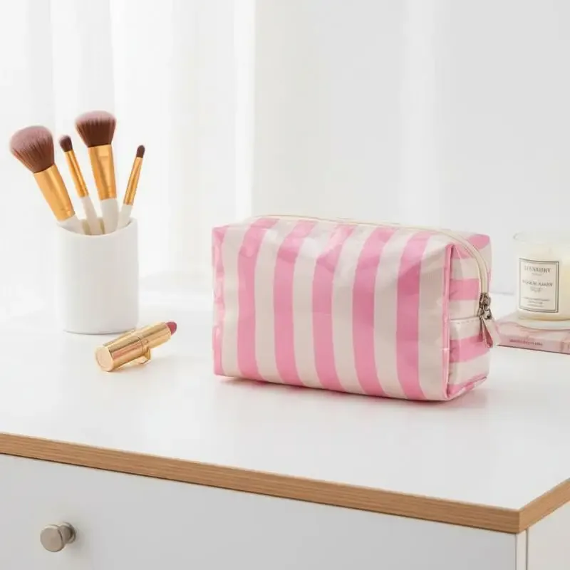 sac à cosmétiques rayé en pvc, trousse de maquillage avec fermeture éclair, trousse de toilette de voyage étanche, étui pour pinceaux de maquillage, 1 pièce