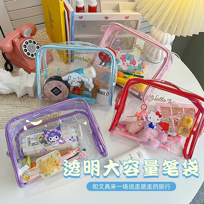 Sanrio trousse de maquillage Hello Kitty trousse à cosmétiques étui à stylo transparent trousse de toilette de voyage étanche pochette de maquillage Portable de grande capacité