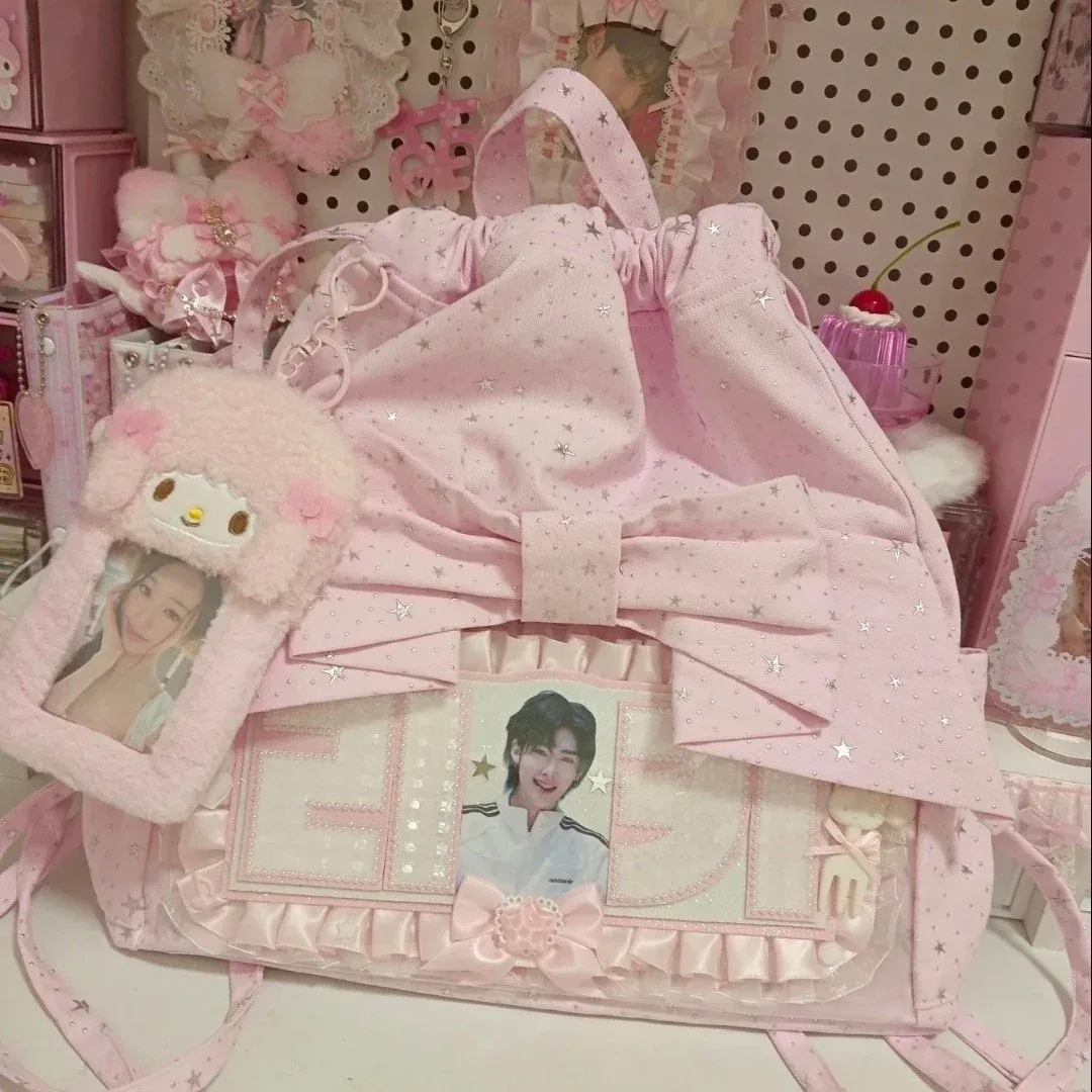 sac à dos ulzzang ita bag japonais avec cordon de serrage, motif nœud, grande capacité, polyvalent, pour femme, style doux et mignon
