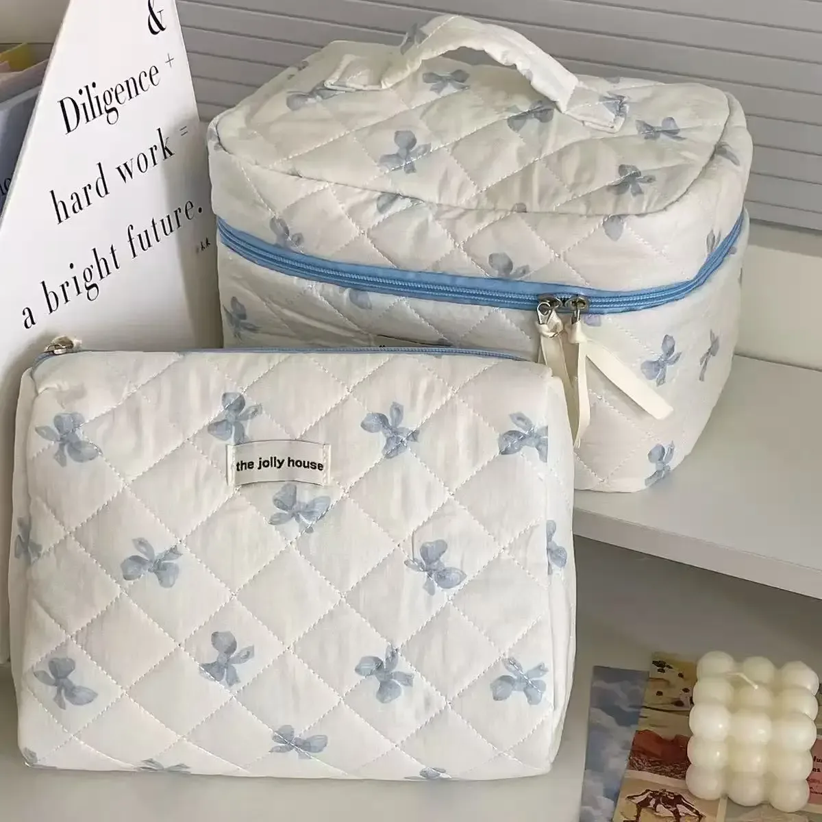 trousse de maquillage grande capacité avec imprimé nœud, sac de rangement pour cosmétiques et articles divers, organiseur de voyage pour articles de toilette, pochette neceser, trousse à maquillage