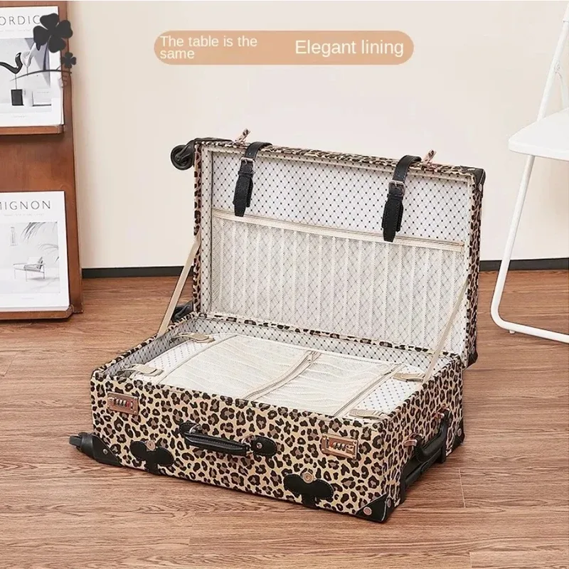 valise à roulettes en cuir imprimé léopard pour femmes, bagage rétro tendance, coffret d'embarquement de 20 pouces, valise étanche avec mot de passe