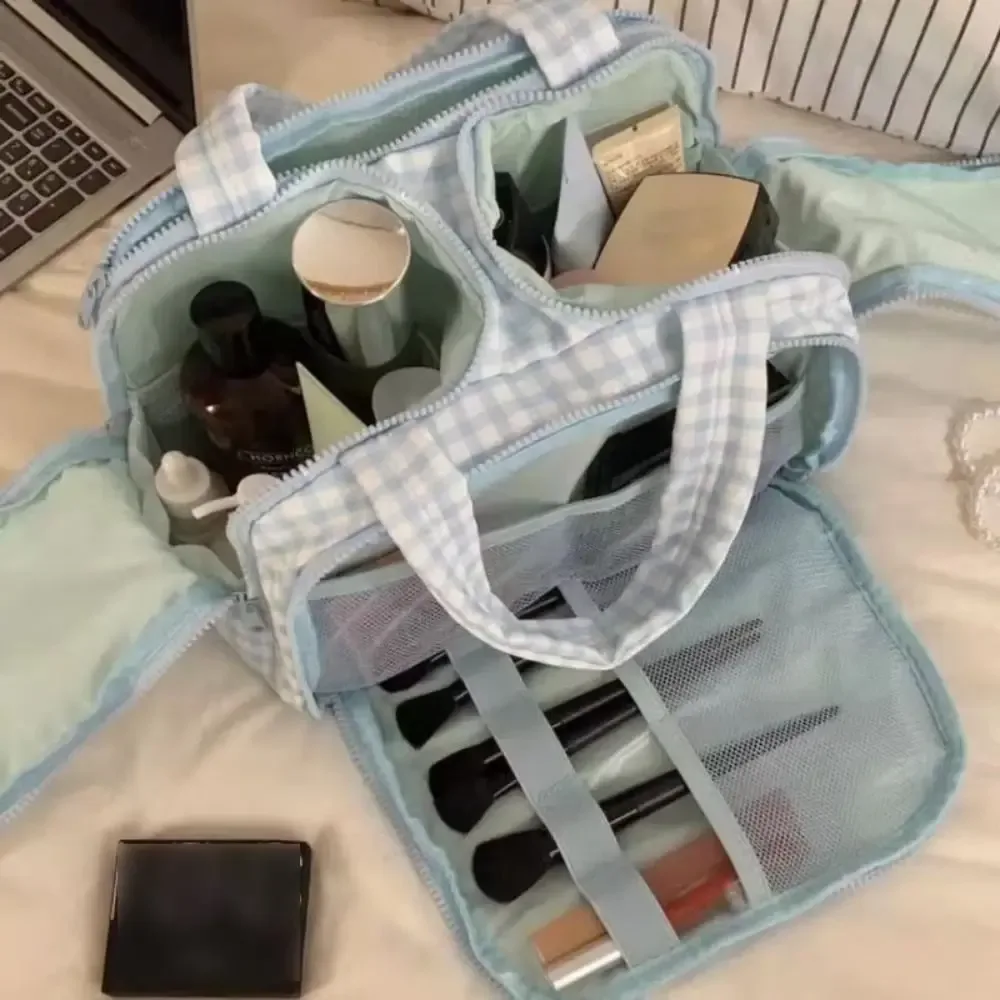 sac à main cosmétique design multi-poches, double face ouvert, poignée confortable, trousse de toilette de voyage, accès facile, séparé, sec et humide