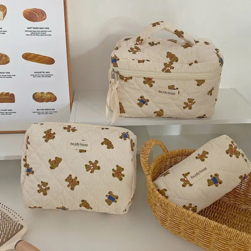 sac de maquillage en tissu de coton avec nœud mignon pour femmes, organisateur de cosmétiques à fermeture éclair, sac à main en forme de boîte, trousse de toilette portable pour filles
