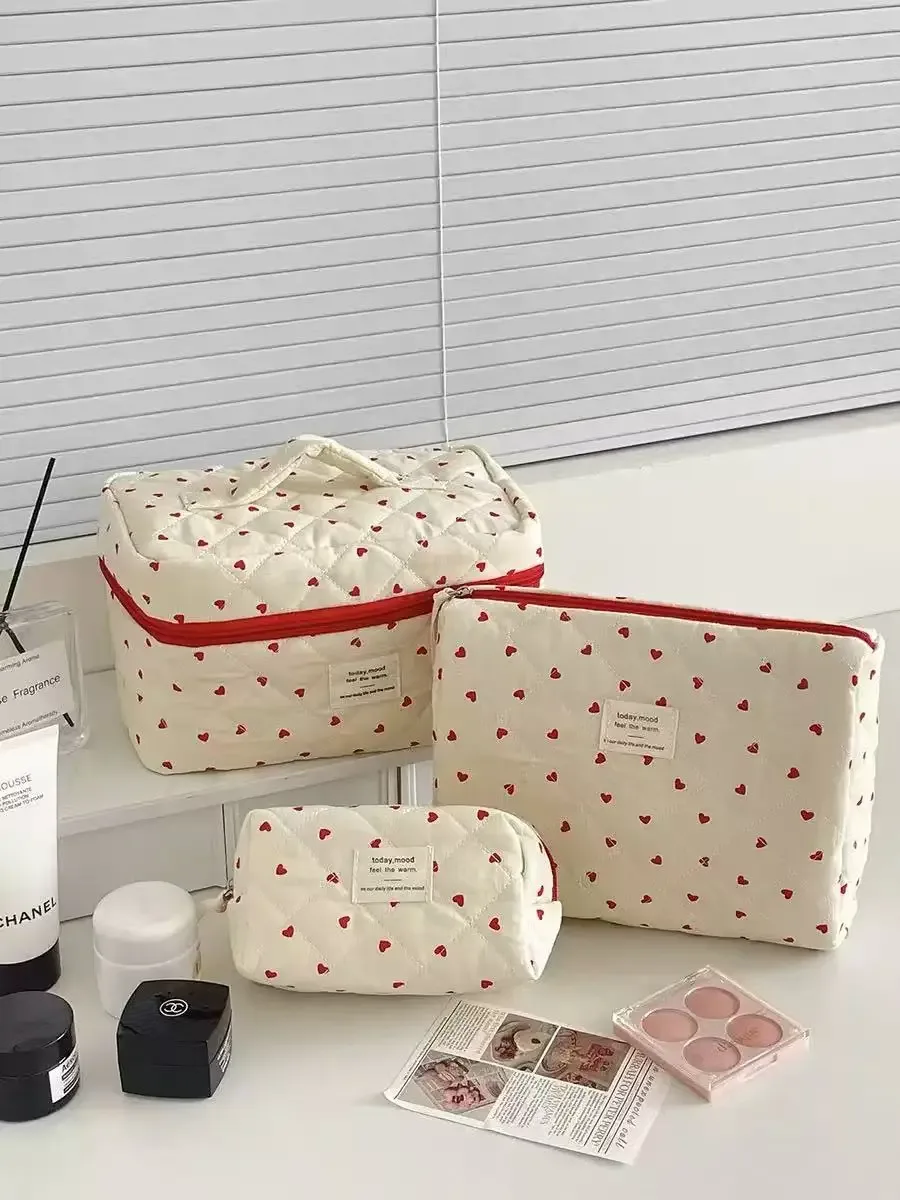 trousse de maquillage en coton matelassé avec nœud et fleur, sac cosmétique zippé pour femme, pochette portable en tissu pour filles