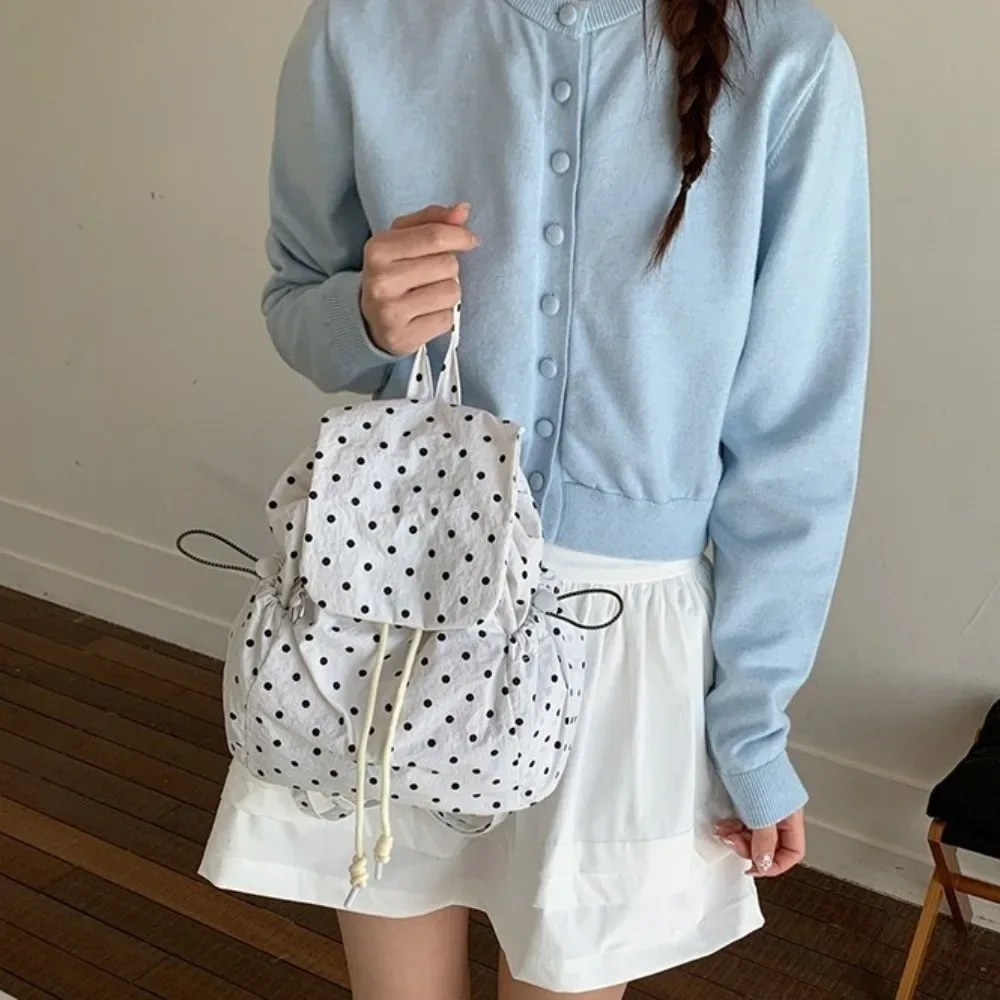 sac à dos à pois à plusieurs poches, avec cordon de serrage, style coréen, polyvalent, sac à dos de jour, en tissu, grande capacité, pour étudiants
