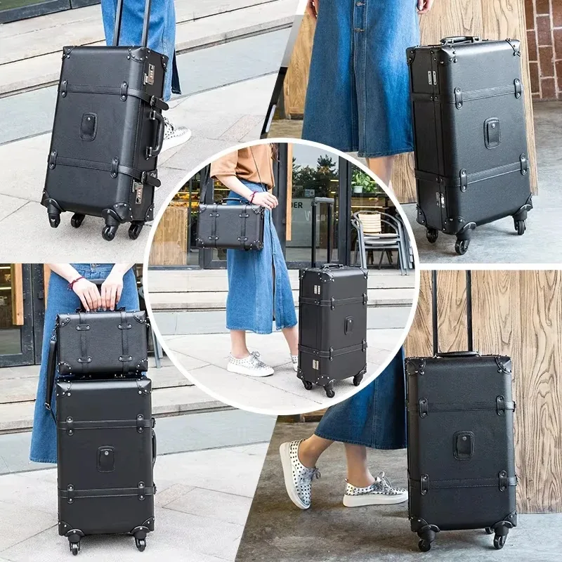 nouveau rétro bagages roulants spinner marque vintage valise en cuir sur roue femmes chariot sac de voyage hommes coffre bagage à main