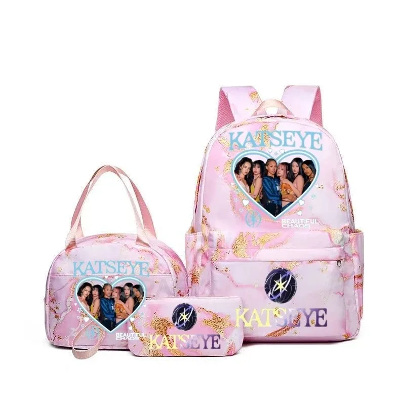 sac à dos grande capacité imprimé katseye amusant, léger, pour l'école, les voyages, décontracté, pour femmes et filles, avec compartiment pour stylos et sac à déjeuner