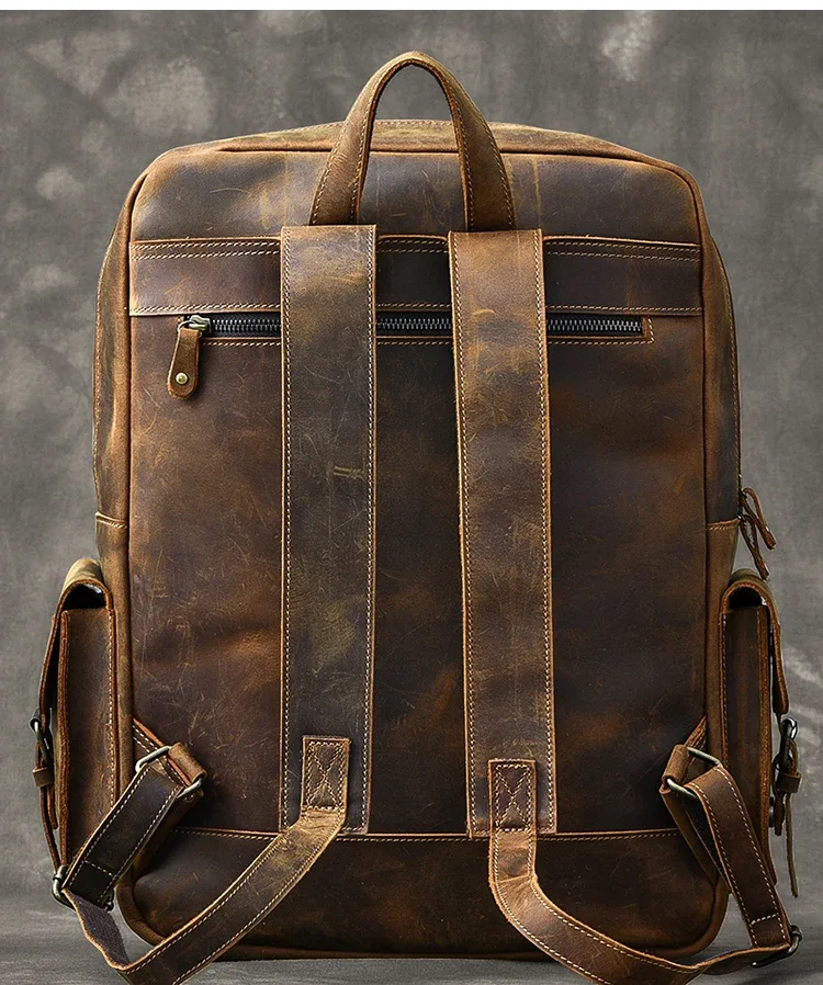 vintage crazy horse sac à dos en cuir véritable hommes sac à dos en peau de vache randonnée sac à dos 17 "sac pour ordinateur portable mâle voyage sac à dos grand m815