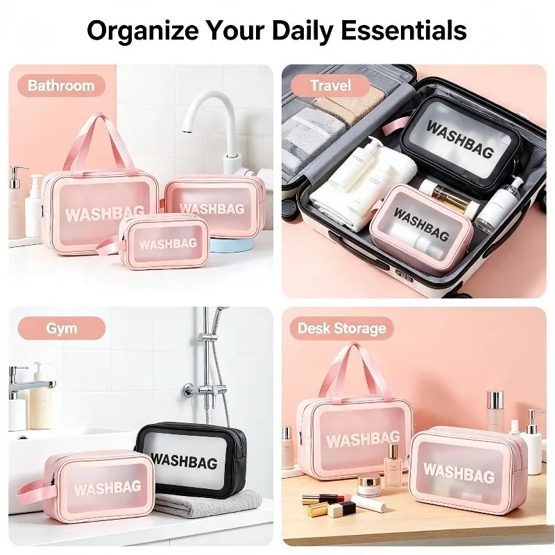 nouvelle trousse de maquillage et de toilette transparente en trois pièces, grande capacité, sac de rangement portable en pvc semi-transparent givré