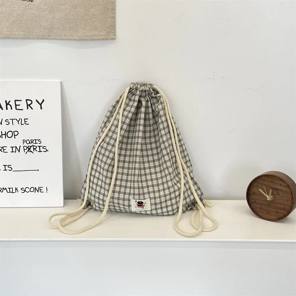 sac à dos d'été pour femmes, sac à dos à deux épaules avec cordon de serrage, sac à dos kawaii pour adolescentes, sac à dos coréen en toile ultra légère à carreaux