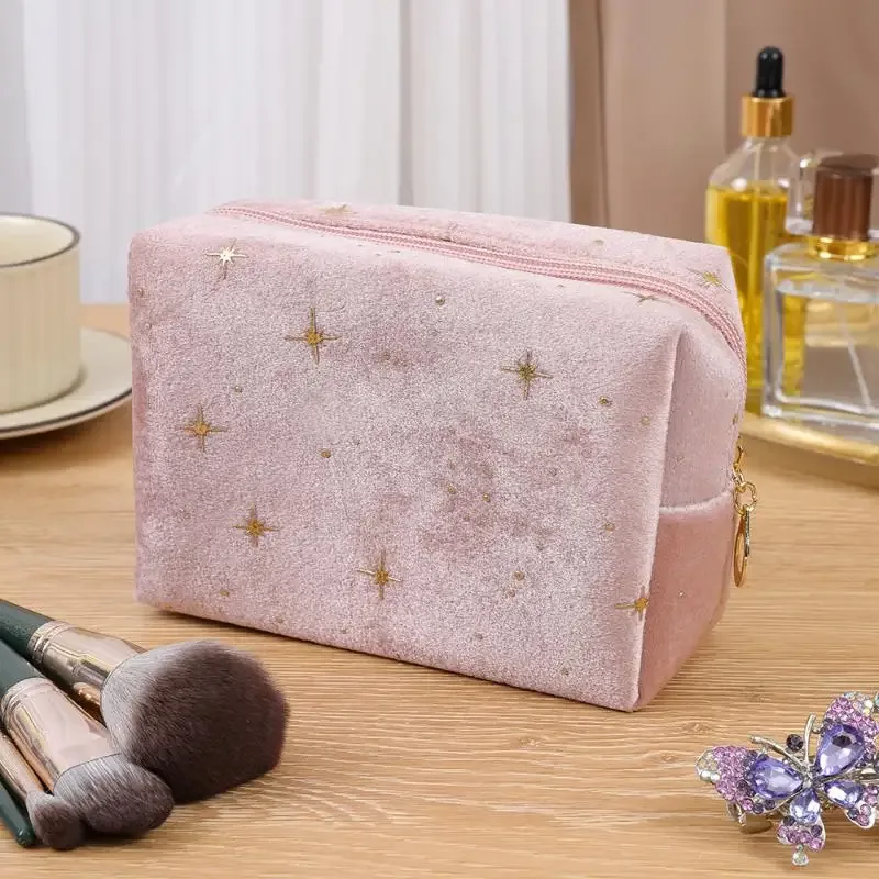 pochette à cosmétiques spacieuse en velours, sac de toilette de voyage avec motif étoile, trousse de maquillage portable pour rouge à lèvres