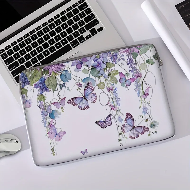 ensemble unique, deux styles, sacoche pour ordinateur portable et porte-documents motif papillon violet, convient aux ordinateurs portables de 14 pouces.