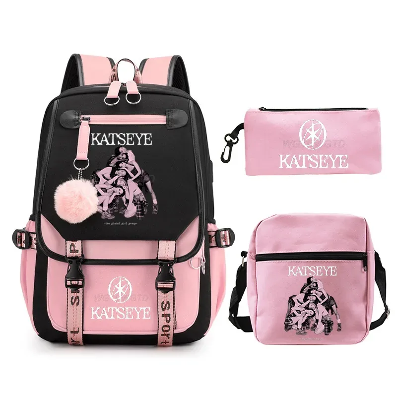 sac à dos imprimé katseye kpop pour adolescentes, ensemble de trousses à crayons, sac à dos d'école pour étudiantes, mochila de voyage pour femmes, 3 pièces