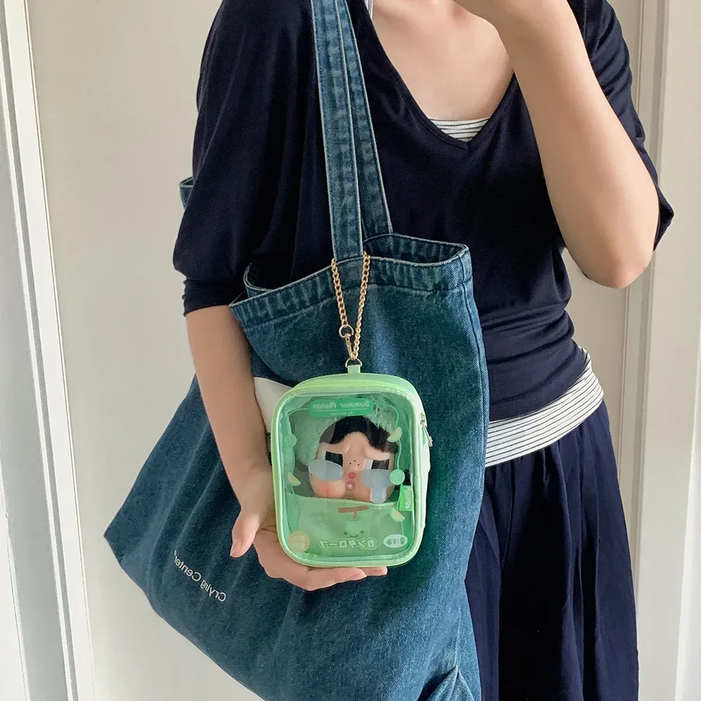 nouveau sac de rangement transparent carré à motifs de dessins animés et de fruits, pendentif décoratif pour sac à dos de filles, sac de présentation de figurines, cadeaux