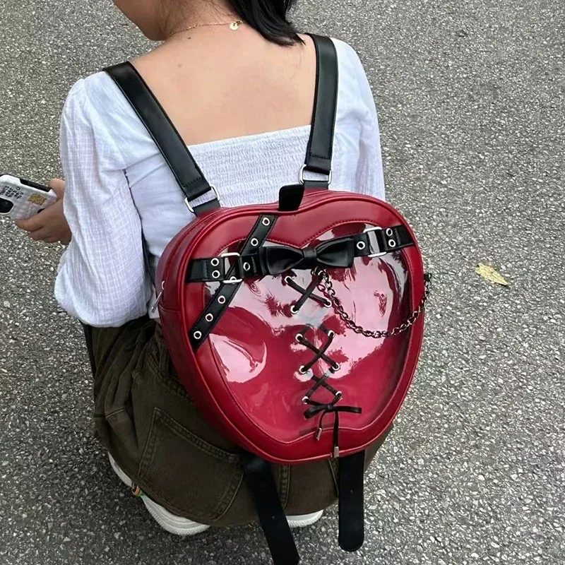 sac à dos ita bag en forme de pomme rouge, style gothique lolita, avec nœud et lacets croisés, fenêtre transparente pour présentation de poupées, sac à dos exquis pour filles