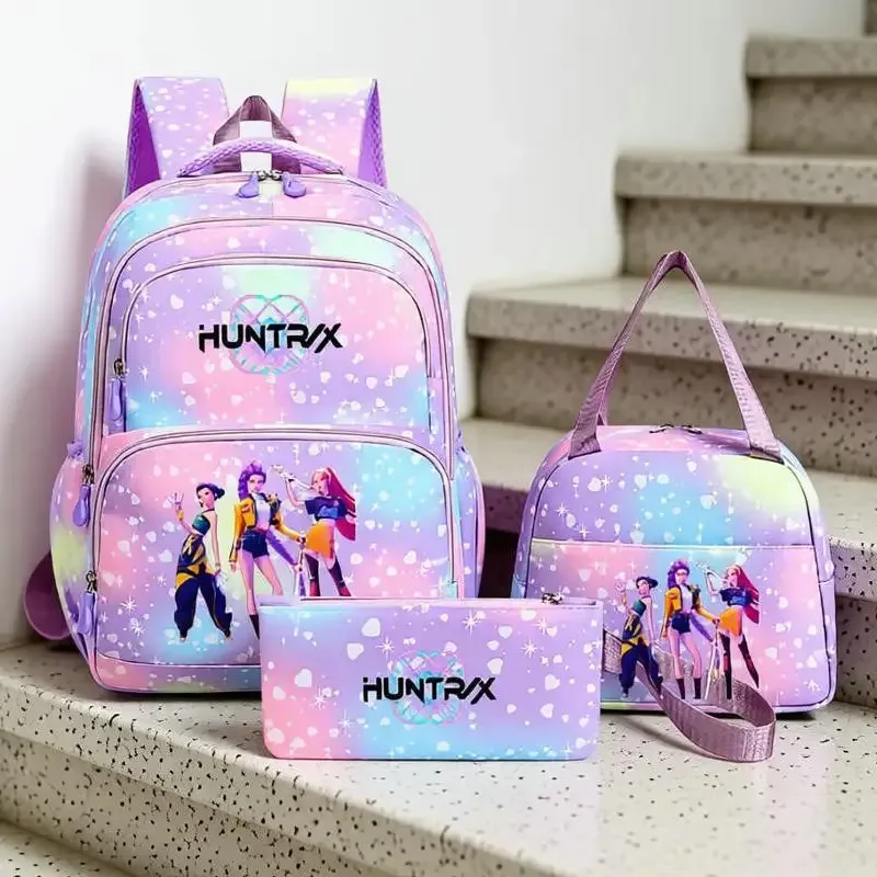 lot de 3 sacs à dos kpop demon hunters, cartable de dessin animé pour adolescents, sac d'étudiant, sacoche pour ordinateur portable et livres, sac de voyage, mochilas