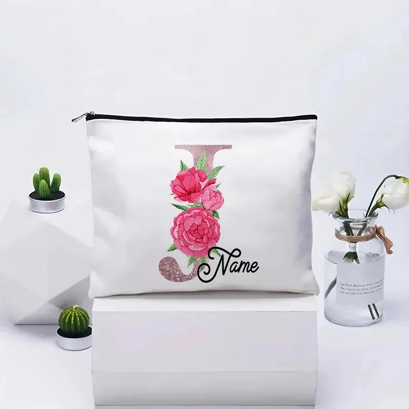 trousse de maquillage personnalisable avec prénom, cadeau de mariage, grande pochette en toile à fermeture éclair, motif floral pivoine, essentiels de voyage, maquillage