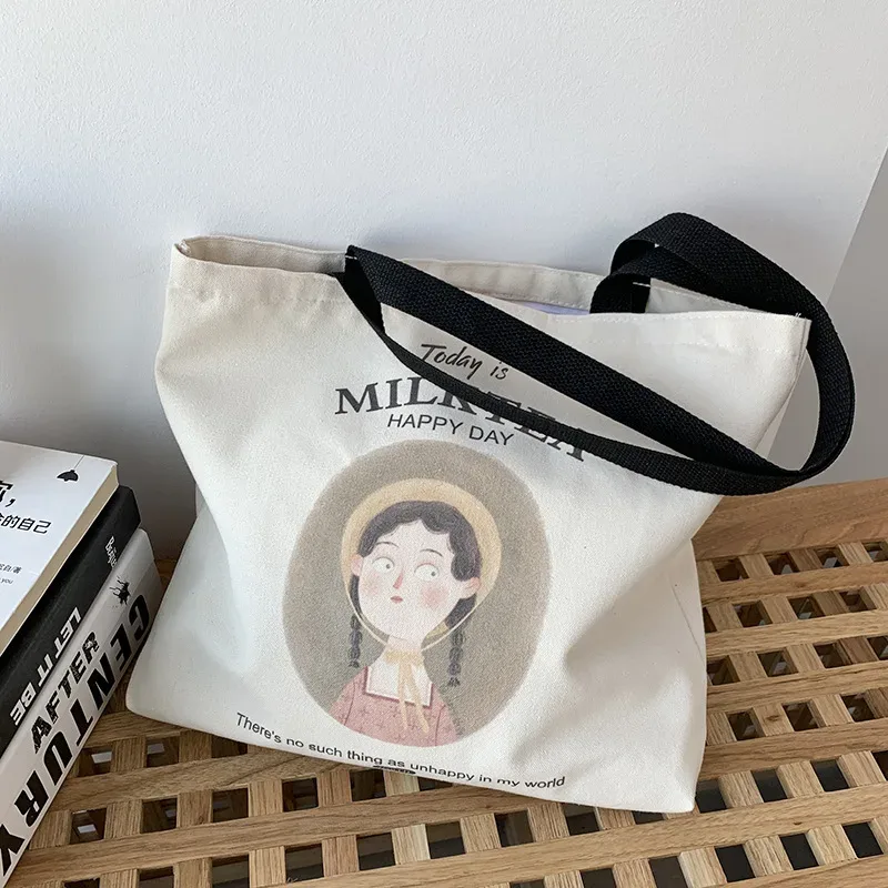 sac fourre-tout en toile réutilisable pour femmes et filles, sac à provisions décontracté pour dames, sac à soupe initié au gril en coton, mignon, plage, voyage