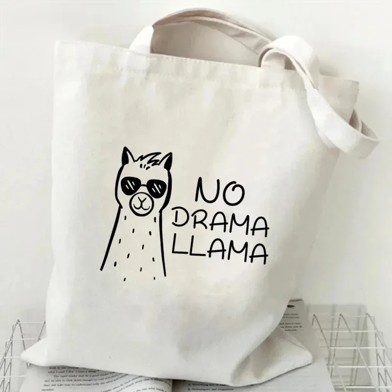 sac à main à motif d'alpaga mignon, imprimé animal de dessin animé, grande capacité, sac de shopping blanc, sac à bandoulière pour femme