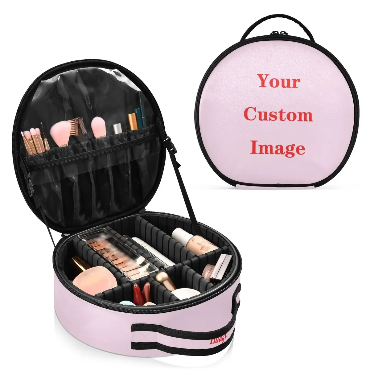 Trousse à cosmétiques ronde à partition dure pour femmes, trousse de maquillage de voyage, motif personnalisé, valises à cosmétiques, trousse de toilette de maquillage, nouveau
