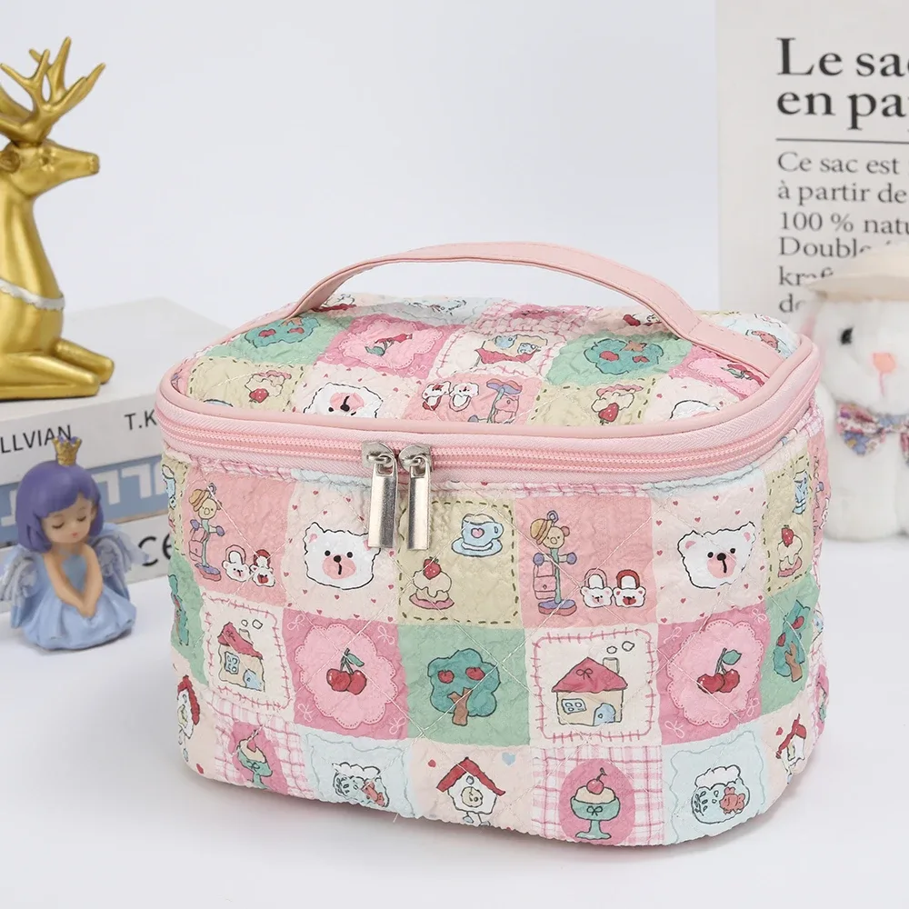 trousse de maquillage mignonne, nouveau style à carreaux avec chat, rangement portable à compartiments, grande capacité pour les voyages et les articles de toilette à porter à la main
