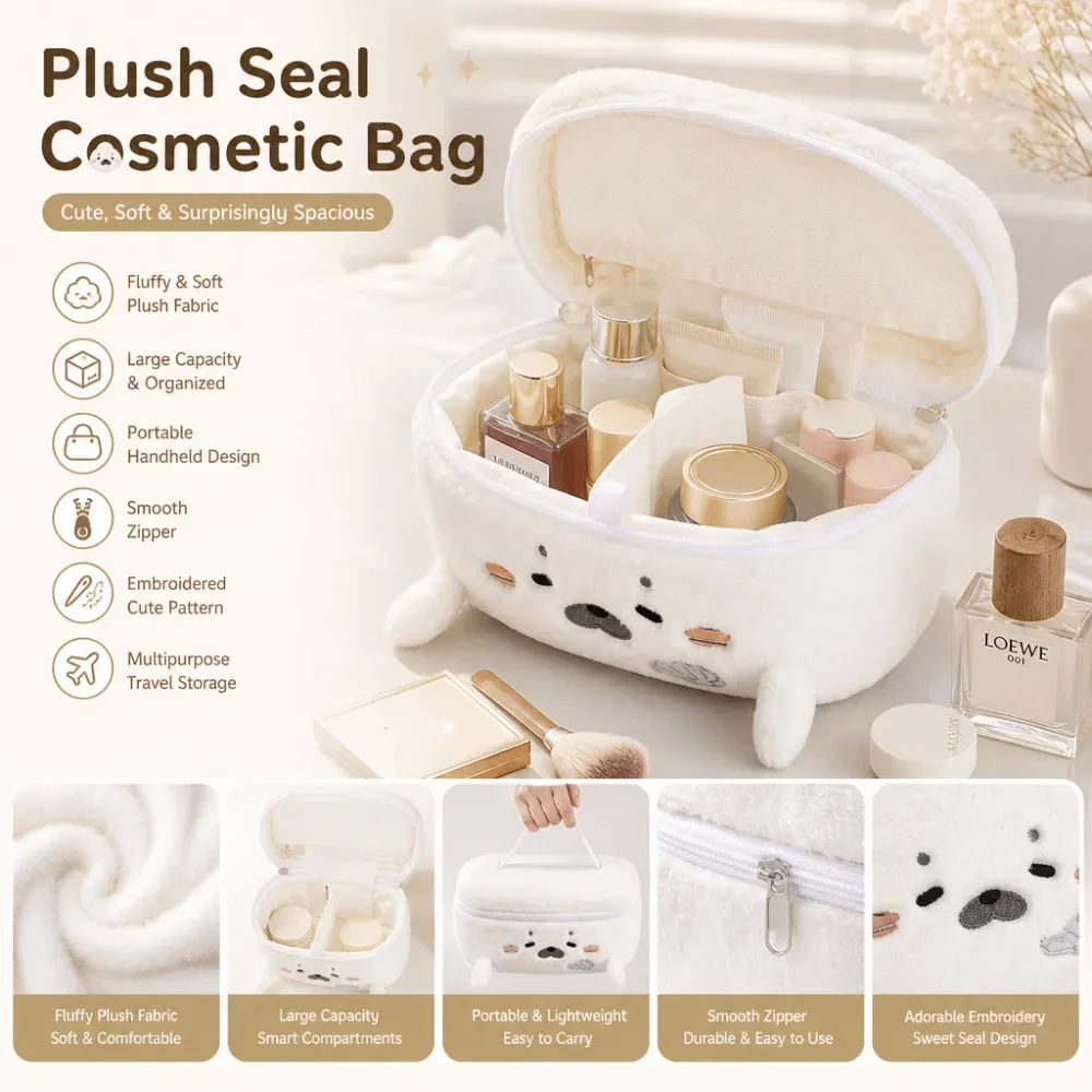 Trousse de Maquillage Grande Capacité en Forme de Phoque Moelleux, Sac Cosmétique Portable à Motif Brodé, Trousse de Toilette de Voyage Polyvalente