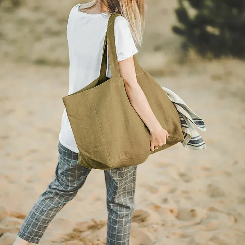 sacs de shopping en lin décontractés pour femmes, sacs d'articles divers réutilisables pliables, sacs à bandoulière de plage de voyage, grands sacs à main