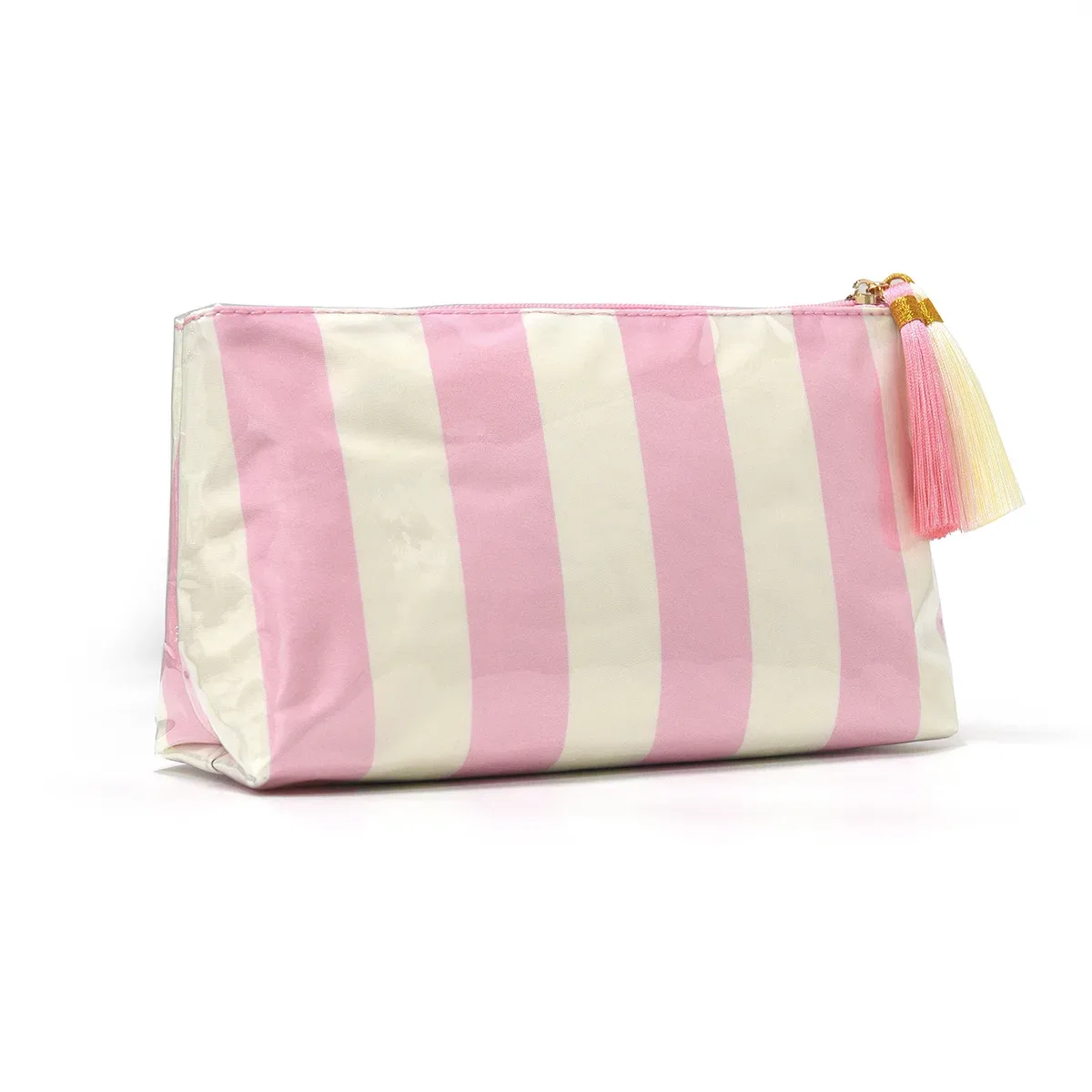 trousse de maquillage classique rayée avec fermeture éclair à franges, sac de voyage pour articles de toilette et soins de la peau, étui à pinceaux en pvc, organisation de voyage