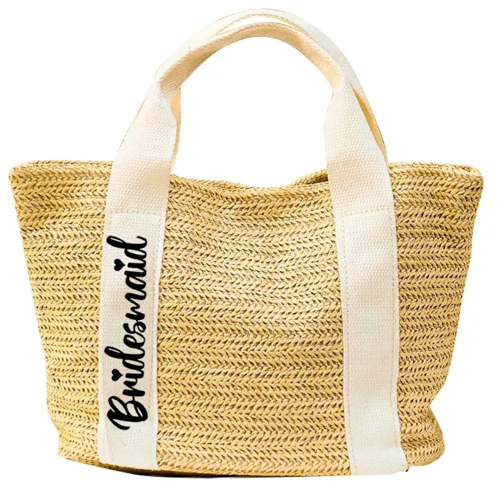 sac fourre-tout tissé en paille avec texte personnalisé, cadeaux de demoiselle d'honneur personnalisés, cadeaux de fête d'enterrement de vie de jeune fille, sac de plage en toile de jute