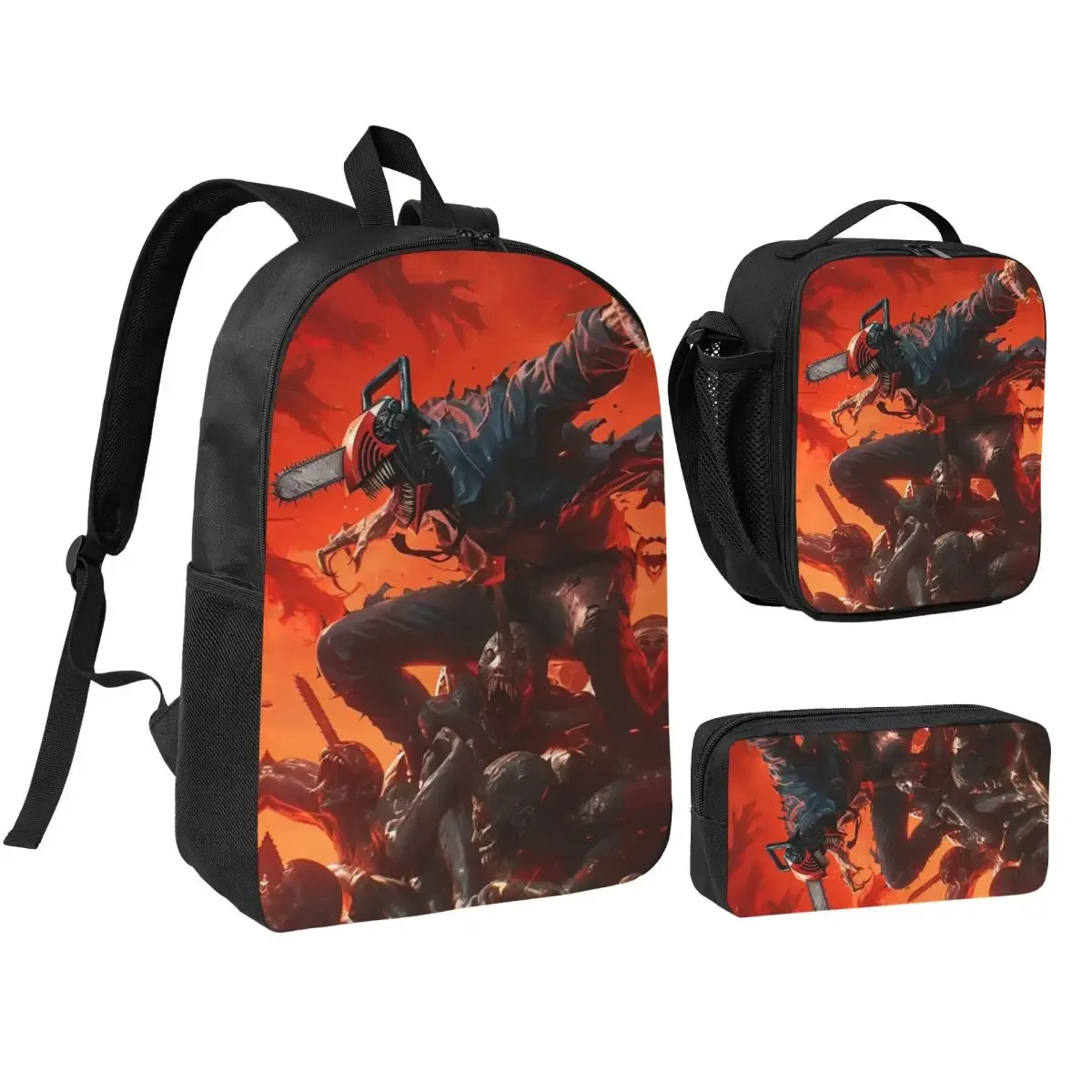 anime tronçonneuse homme 3pecs/ensemble sac à dos pour étudiant ordinateur portable sac à bandoulière sac à déjeuner trousse à crayons