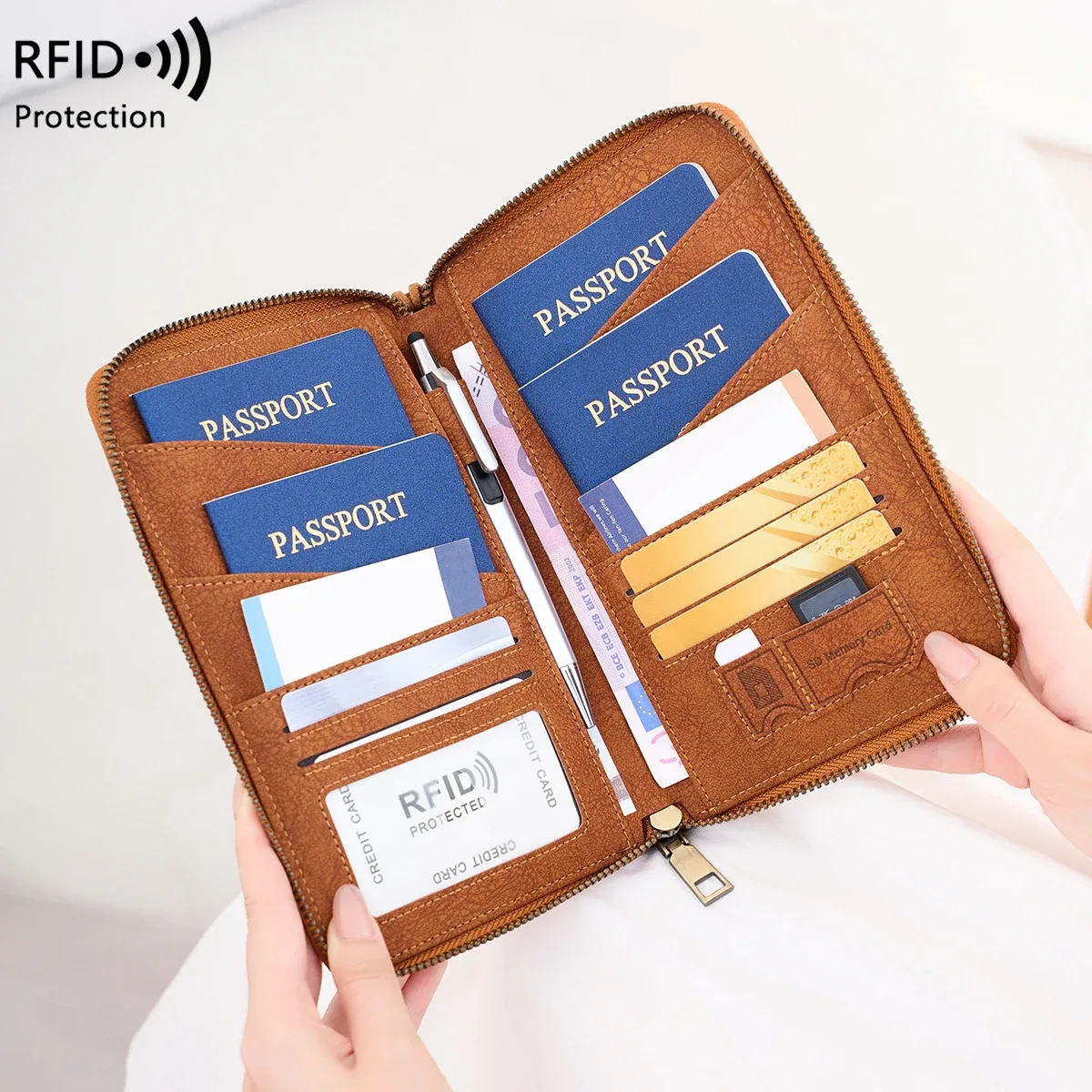 sac de passeport multifonctionnel bloquant rfid, porte-documents de voyage avec portefeuille de rangement de billets à longue fermeture éclair pour plusieurs passeports
