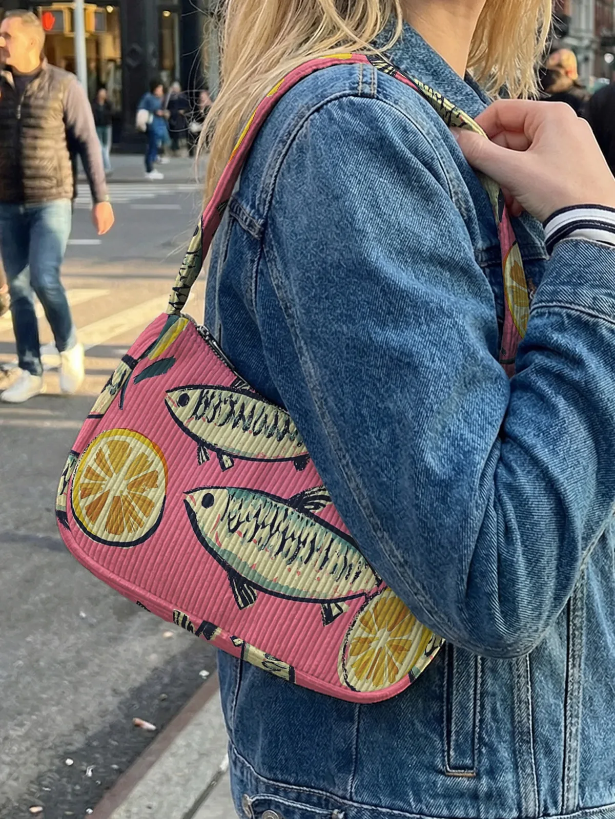 sac à bandoulière tendance imprimé poissons et citrons, sac sous le bras en velours côtelé rose pour un usage quotidien décontracté