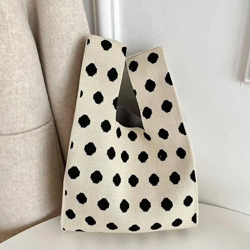 sac à main en tricot fait à la main pour femme, mini sac de poignet à nœud, sac fourre-tout à carreaux à large rayure, sacs à provisions réutilisables pour étudiants, document décontracté japonais