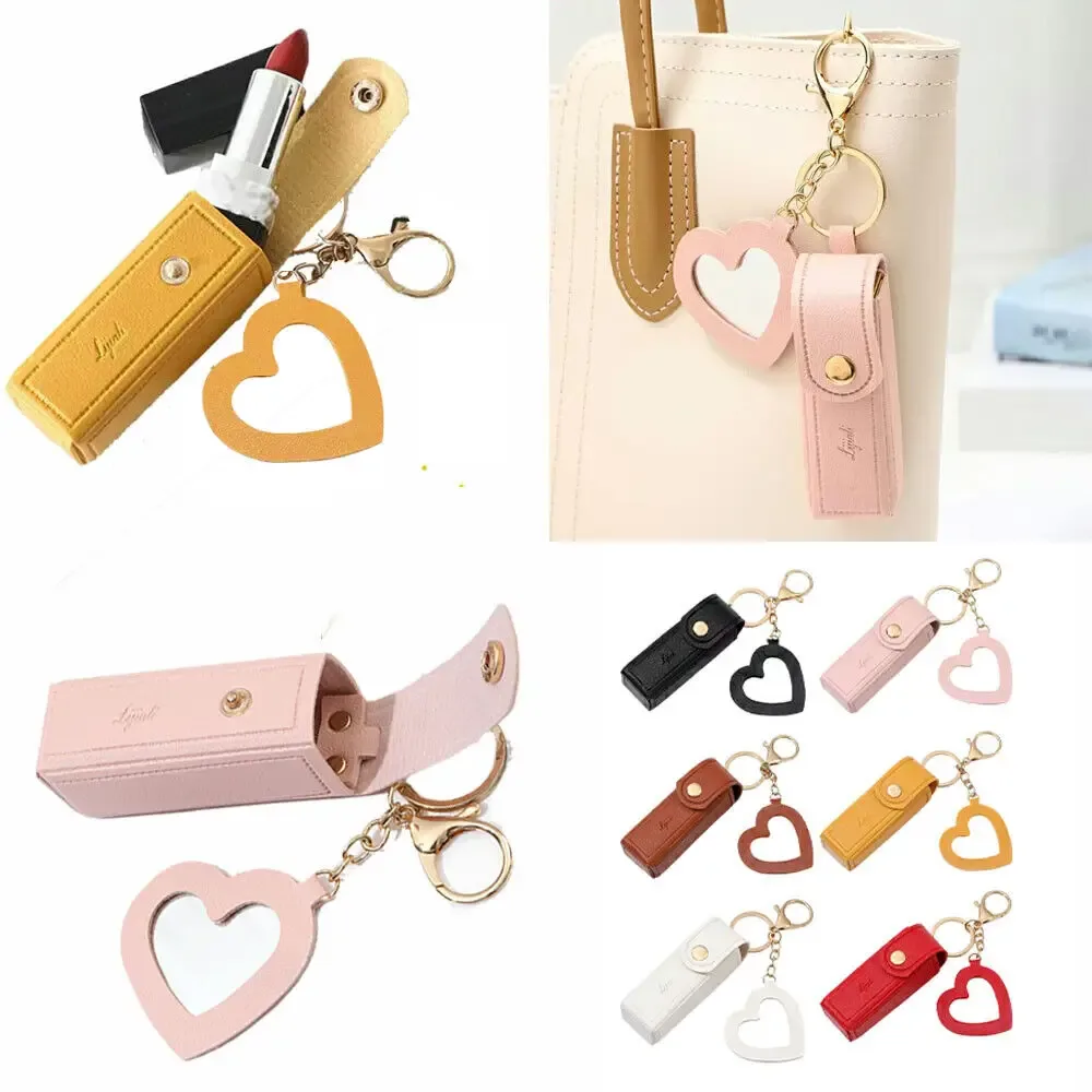 sac en cuir portable pour rouge à lèvres, poudre de maquillage, baume jules, porte-clés, housse de protection avec miroir