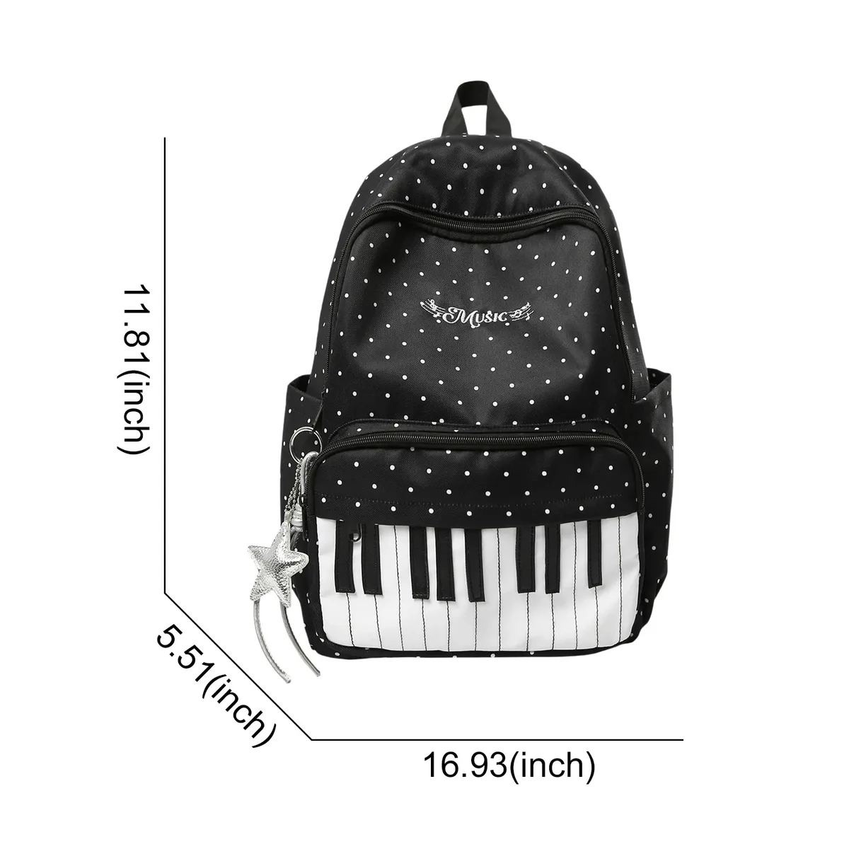 sac à dos décontracté en nylon 16,9 pouces à pois avec motif clavier de piano et pendentif pour adolescentes, idéal pour les voyages, le shopping et l'usage quotidien