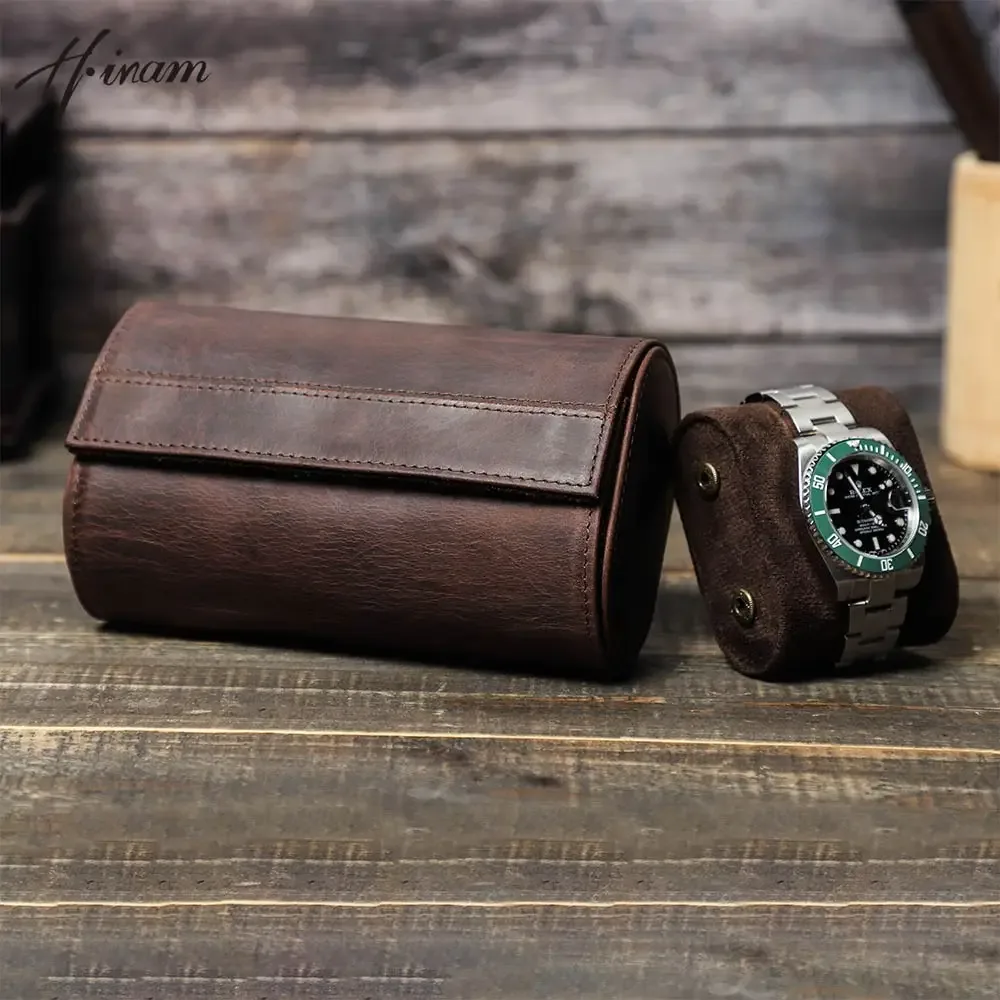 Boîte à montre en cuir véritable, organisateur de rangement de montre Portable rétro voyage montre rouleau étui support détachable pour hommes femmes